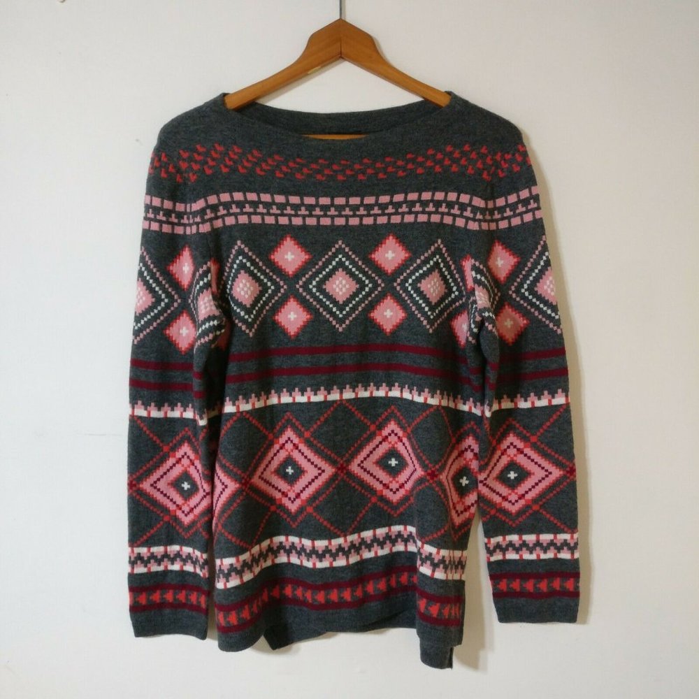 Talbots Aztec Argyle Boxy Hi-Low Sweater Lambswool M Grey Pink Soft